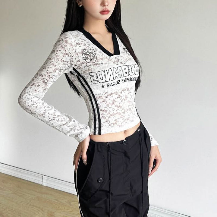 V neck long sleeve lace letter print see through top  | Festival Outfits Women