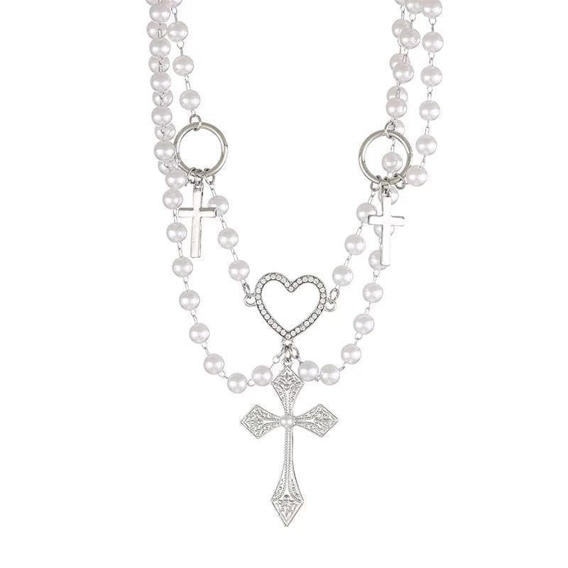 O ring faux pearl layered cross pendant choker necklace  | Festival Outfits Women