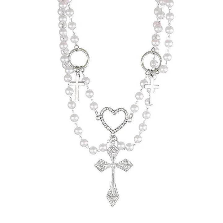 O ring faux pearl layered cross pendant choker necklace  | Festival Outfits Women