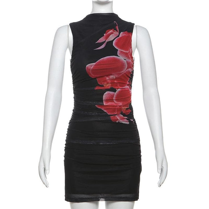Sleeveless ruched mesh print mini dress  | Festival Outfits Women