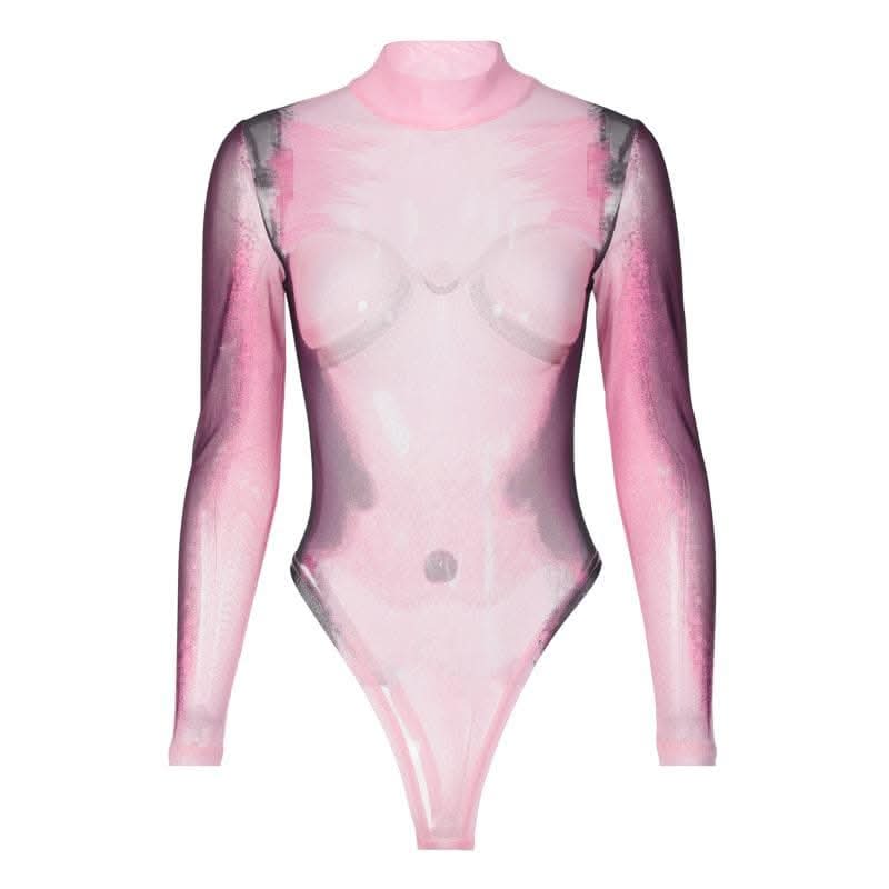 Sheer mesh see through body print high neck long sleeve bodysuit-final-sale  | Festival Outfits Women