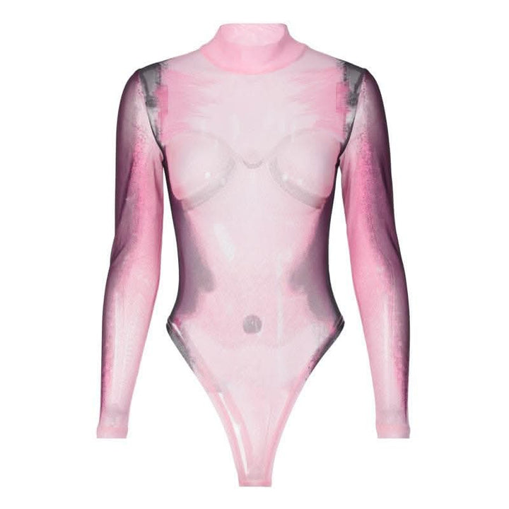 Sheer mesh see through body print high neck long sleeve bodysuit-final-sale  | Festival Outfits Women