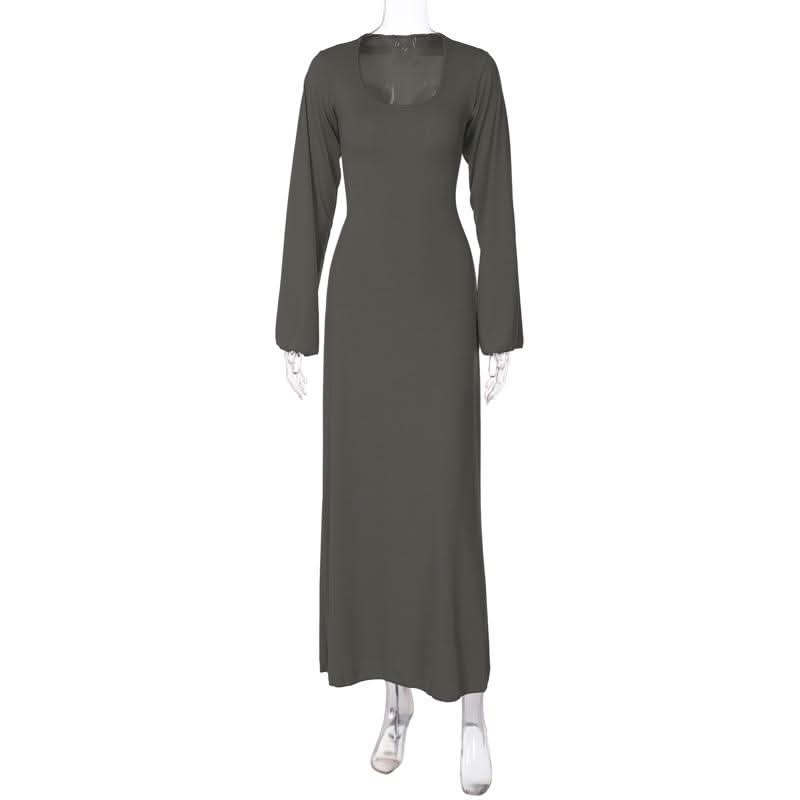 Long sleeve u neck ribbed solid maxi dress  | Festival Outfits Women