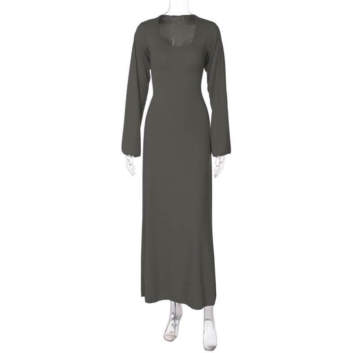 Long sleeve u neck ribbed solid maxi dress  | Festival Outfits Women