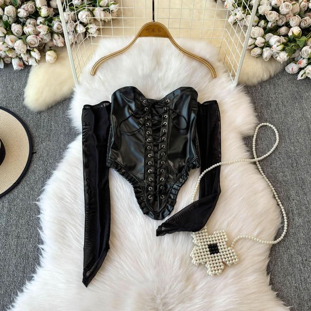 Off shoulder PU leather lace up smocked top  | Festival Outfits Women