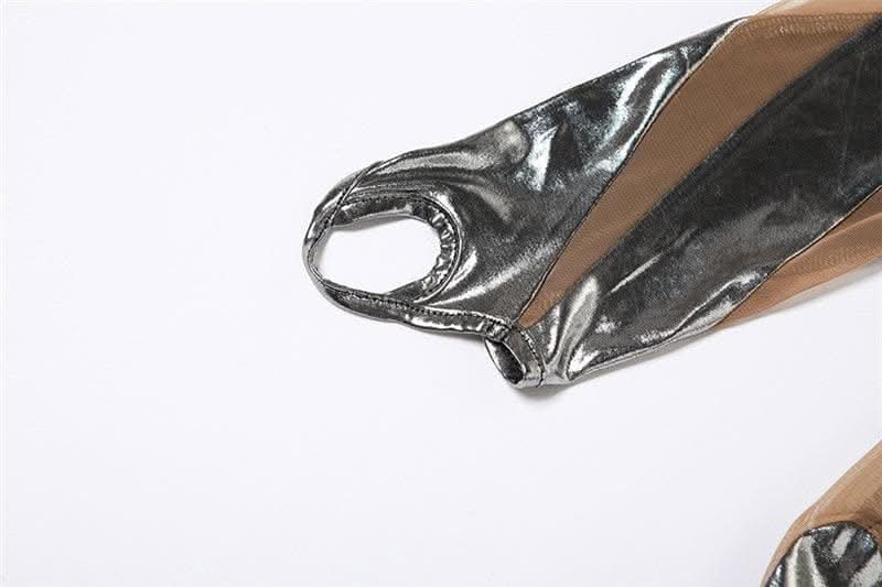 Metallic zip-up long sleeve gloves mesh patchwork high neck jumpsuit-final-sale