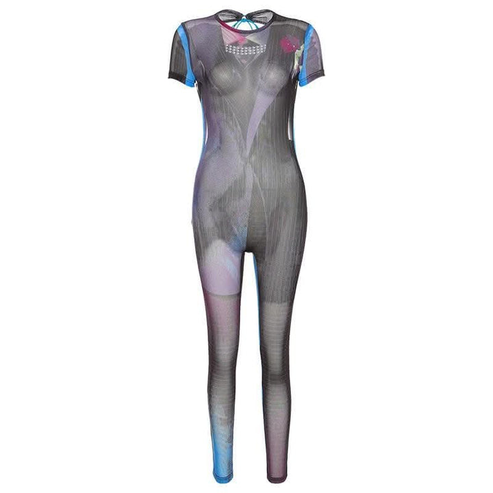 Sheer mesh see through contrast short sleeve self tie backless jumpsuit-final-sale  | Festival Outfits Women