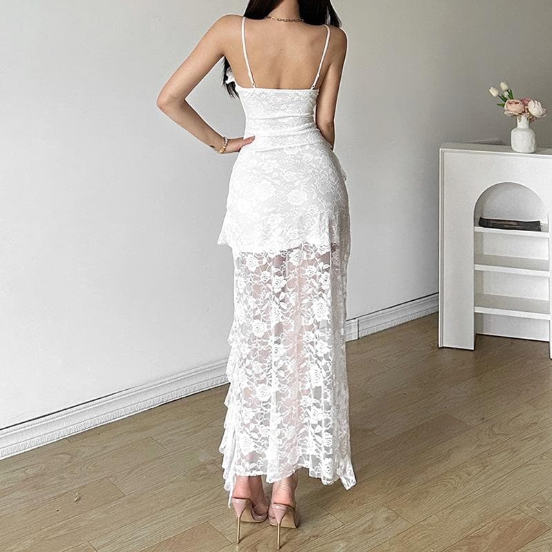 Lace ruffle flower pattern cami midi dress  | Festival Outfits Women