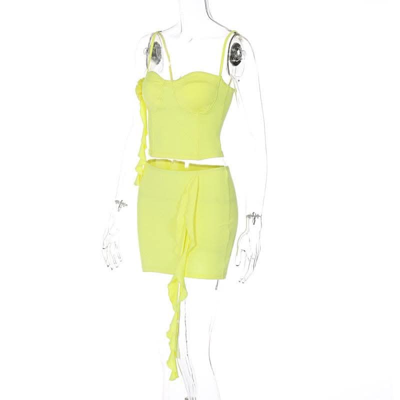 Flower applique solid ruffle ribbon cami mini skirt set-final-sale  | Festival Outfits Women