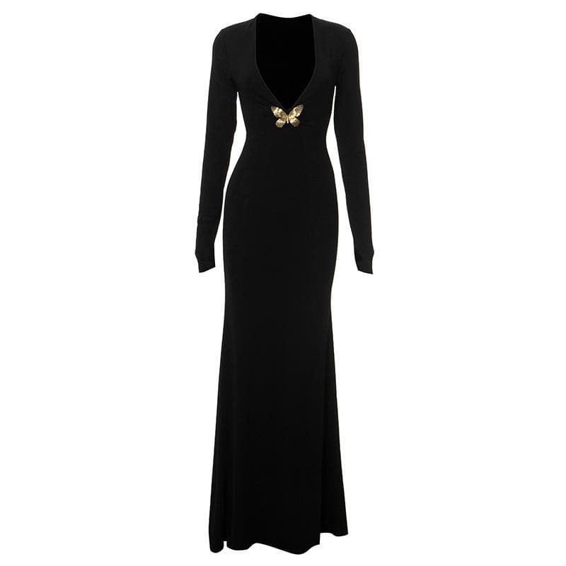 V neck long sleeve butterfly metal applique maxi dress-final-sale