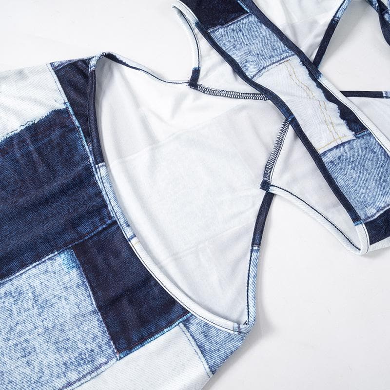 Riga mai kama da na Halter patchwork denim hollow out cut out mini dress | Kayan Biki na Mata