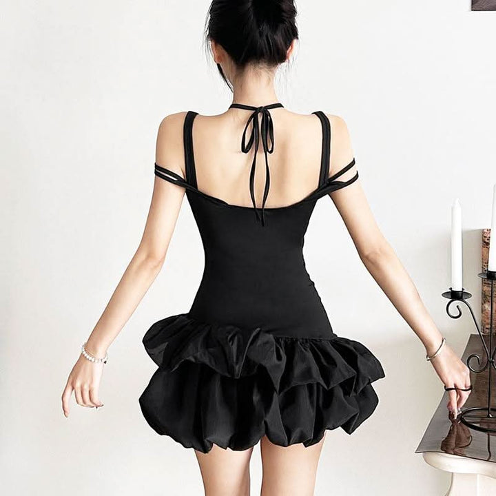 Halter self tie hollow out ruched solid cut out mini dress  | Festival Outfits Women-final-sale