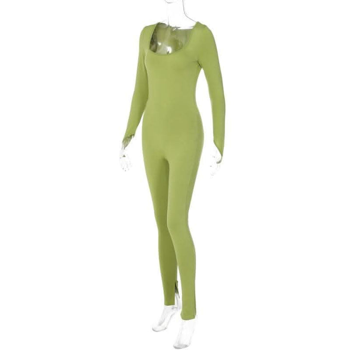 Long sleeve solid u neck slit jumpsuit- Final Sale-final-sale  | Festival Outfits Women