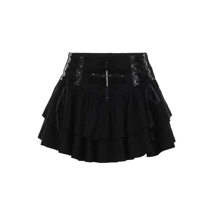 Cross applique lace up ruffle mini skirt  | Festival Outfits Women