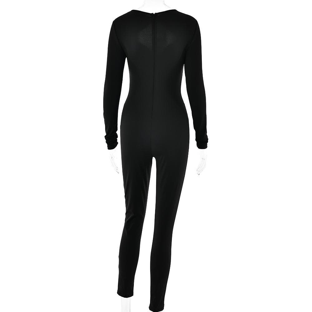 Long sleeve hollow out ruched solid jumpsuit  | Festival Outfits Women