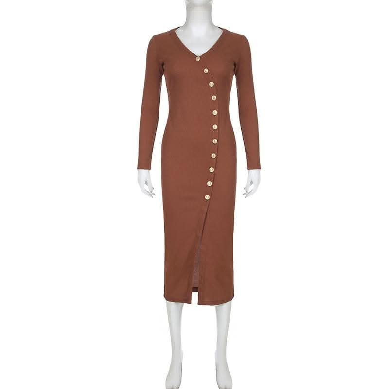 Long sleeve button high slit v neck irregular midi dress-final-sale  | Festival Outfits Women