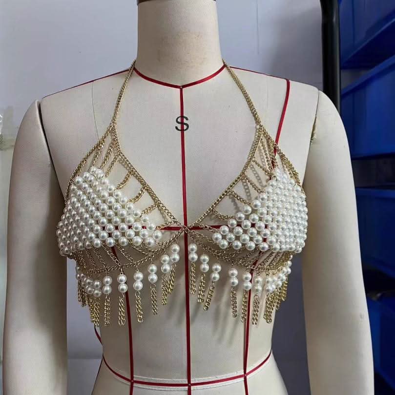 Halter tassels beaded metal chain hollow out cut out top  | Festival Outfits Women