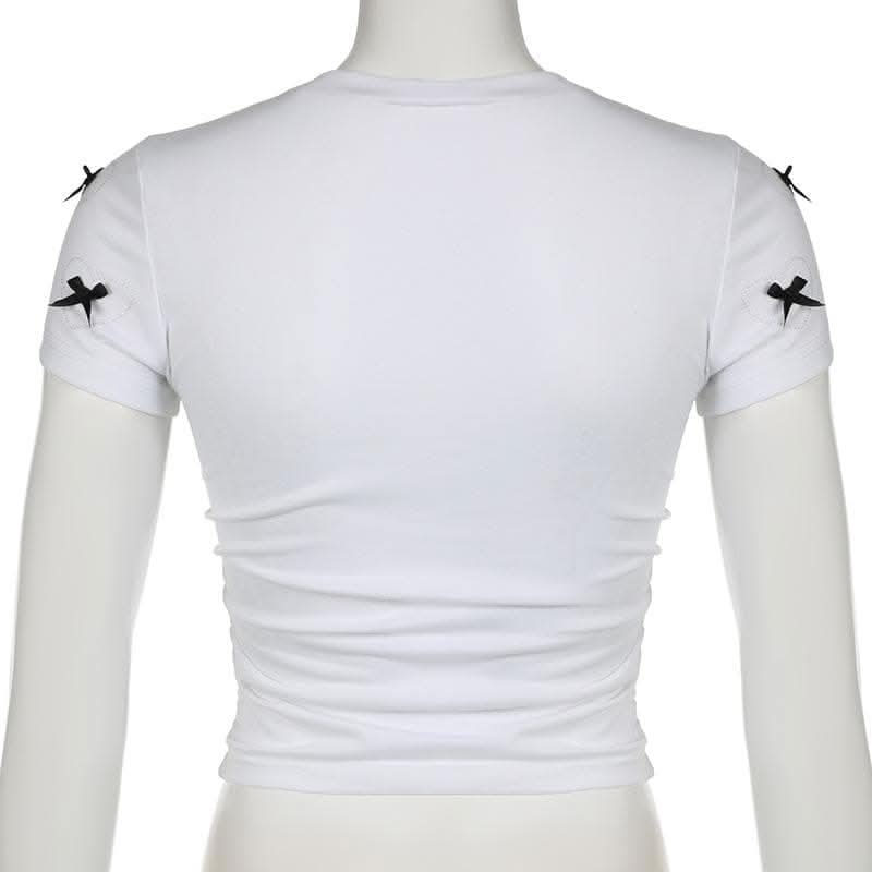 Short sleeve bowknot beaded ruched top-final-sale