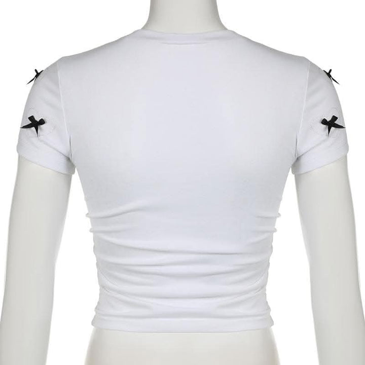 Short sleeve bowknot beaded ruched top-final-sale
