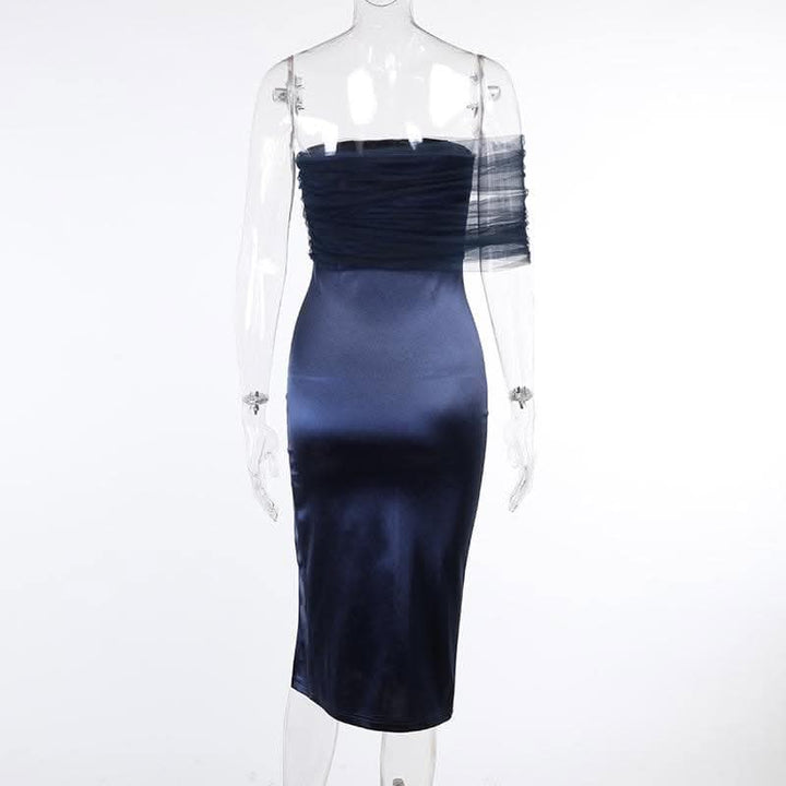 One shoulder irregular mesh ruched slit midi dress-final-sale  | Festival Outfits Women