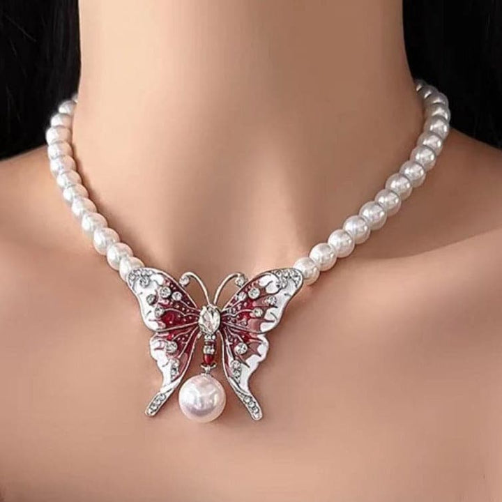 Red butterfly faux pearl choker necklace  | Festival Outfits Women