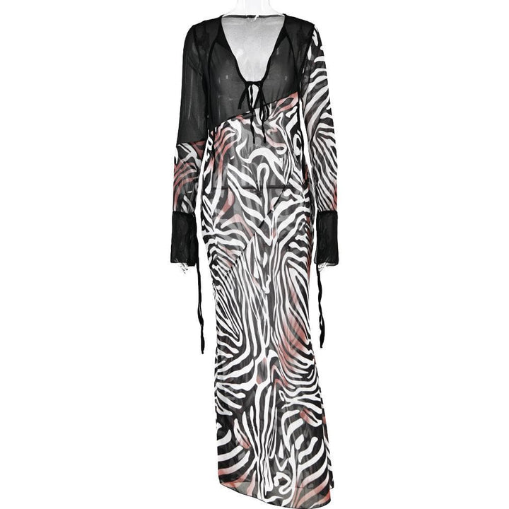 Long sleeve zebra print mesh see through patchwork maxi dress  | Festival Outfits Women