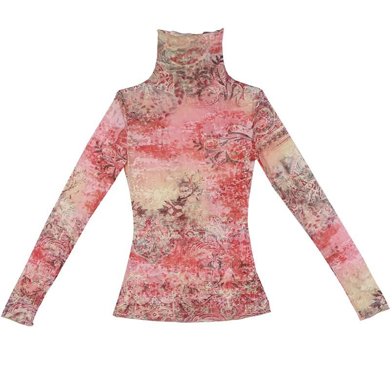 High neck long sleeve print ruffle contrast top  | Festival Outfits Women