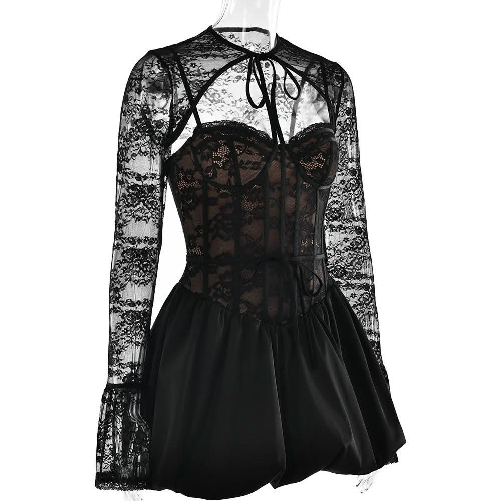 Sweetheart neck long sleeve lace shrug 2 piece mini dress  | Festival Outfits Women