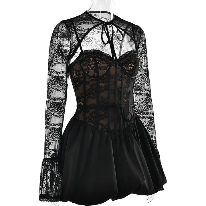 Sweetheart neck long sleeve lace shrug 2 piece mini dress  | Festival Outfits Women