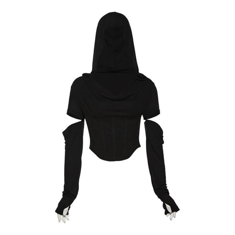 Hoodie cowl neck hollow out long sleeve corset crop cut out top-final-sale