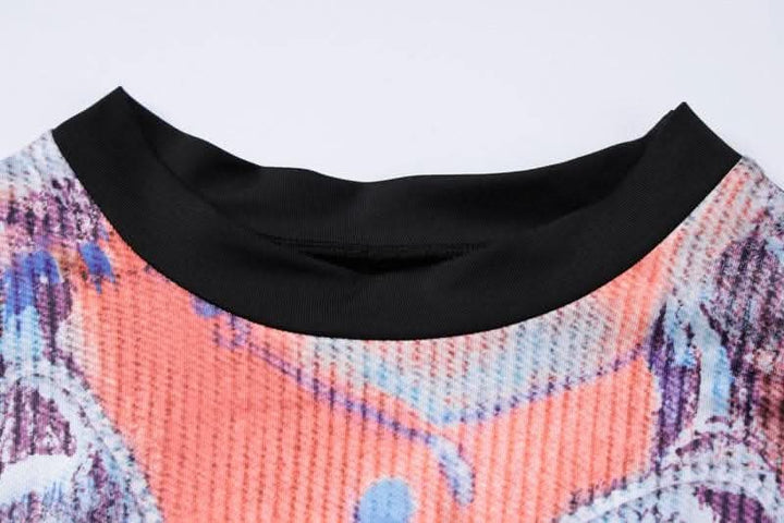 Contrast body print long sleeve high neck patchwork maxi skirt set-final-sale  | Festival Outfits Women