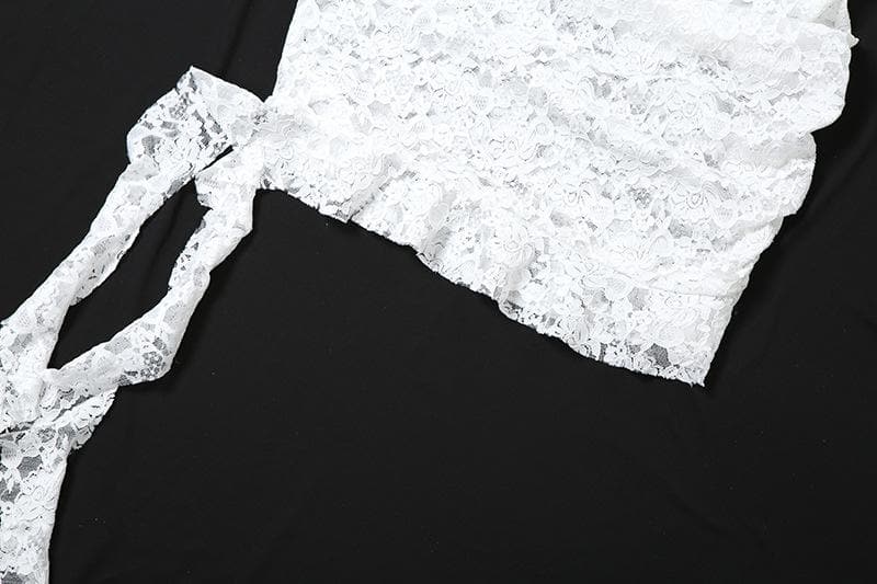 Lace see through one shoulder ruffle knotted ruched mini dress  | Festival Outfits Women-final-sale