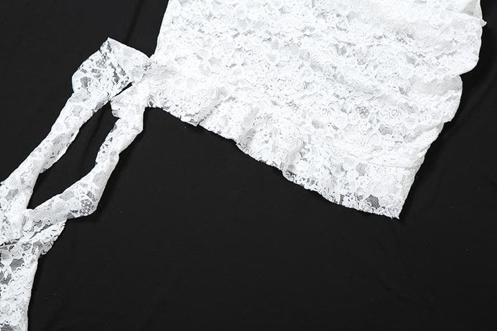 Lace see through one shoulder ruffle knotted ruched mini dress  | Festival Outfits Women-final-sale