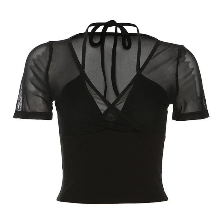 Halter v neck short sleeve mesh cross front top  | Festival Outfits Women-final-sale