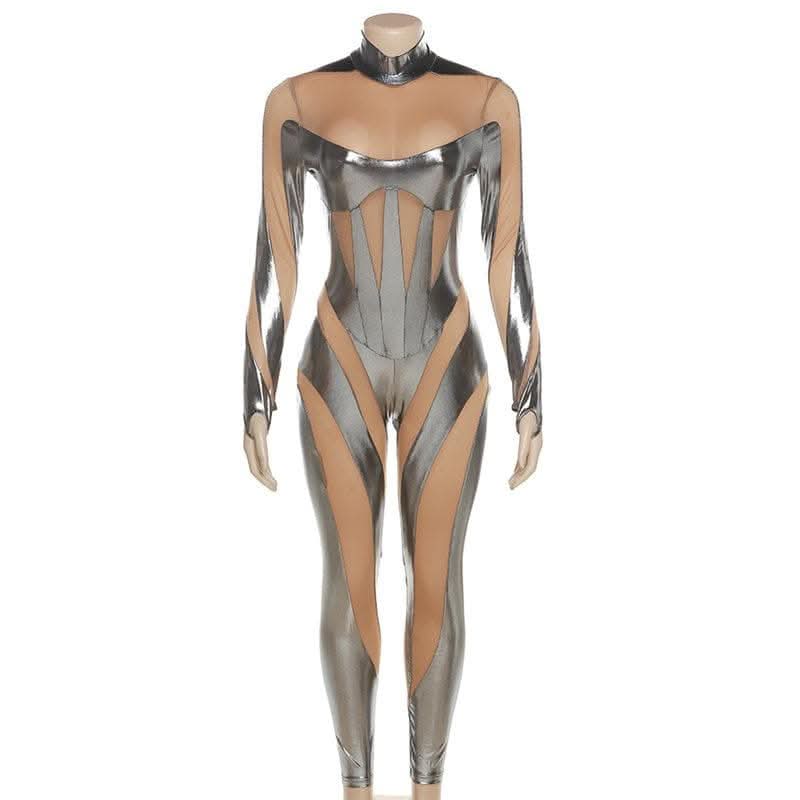 Metallic zip-up long sleeve gloves mesh patchwork high neck jumpsuit-final-sale