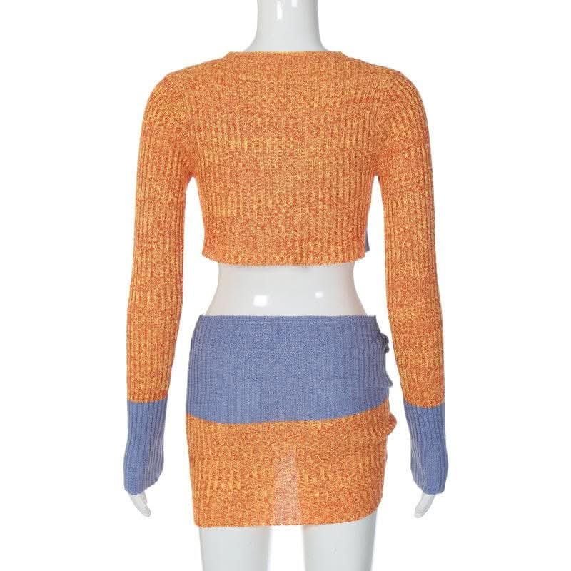 Knitted patchwork contrast long sleeve hollow out mini skirt set-final-sale