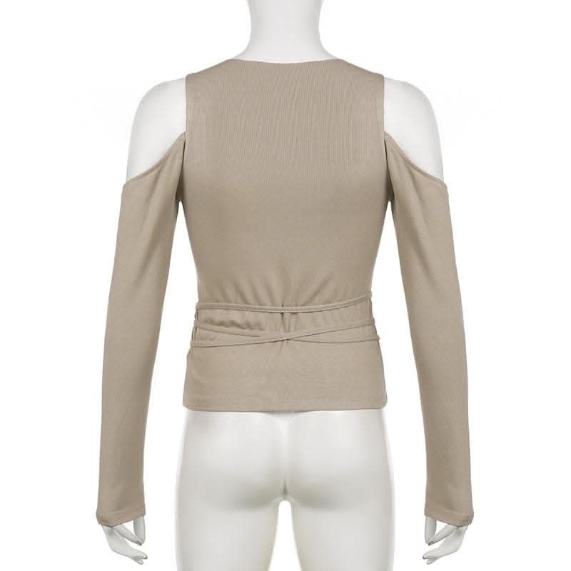Abstract off shoulder long sleeve self tie contrast top-final-sale