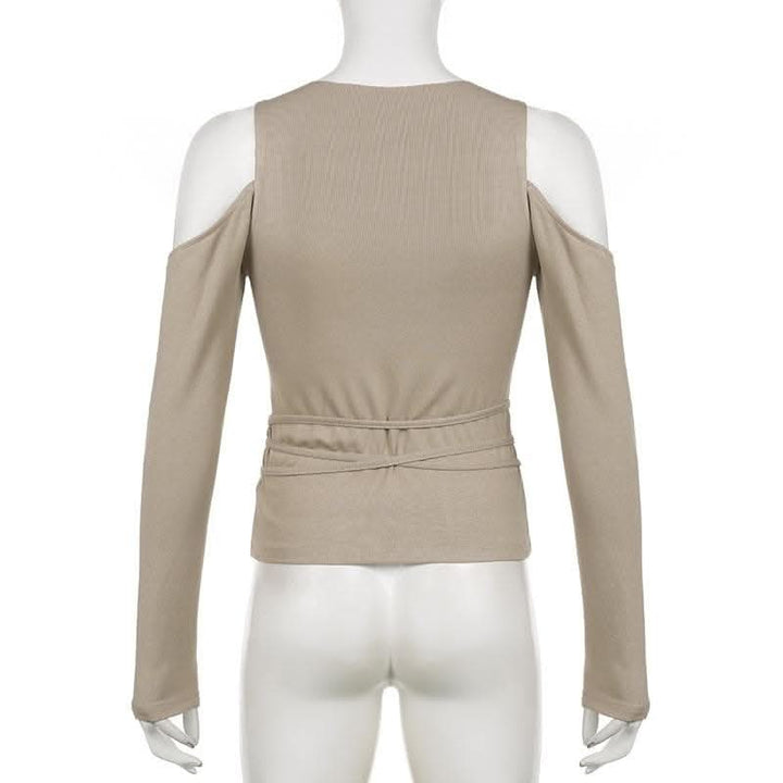 Abstract off shoulder long sleeve self tie contrast top-final-sale