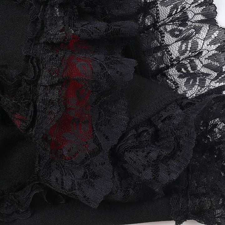 Long sleeve lace hem square neck self tie top-final-sale