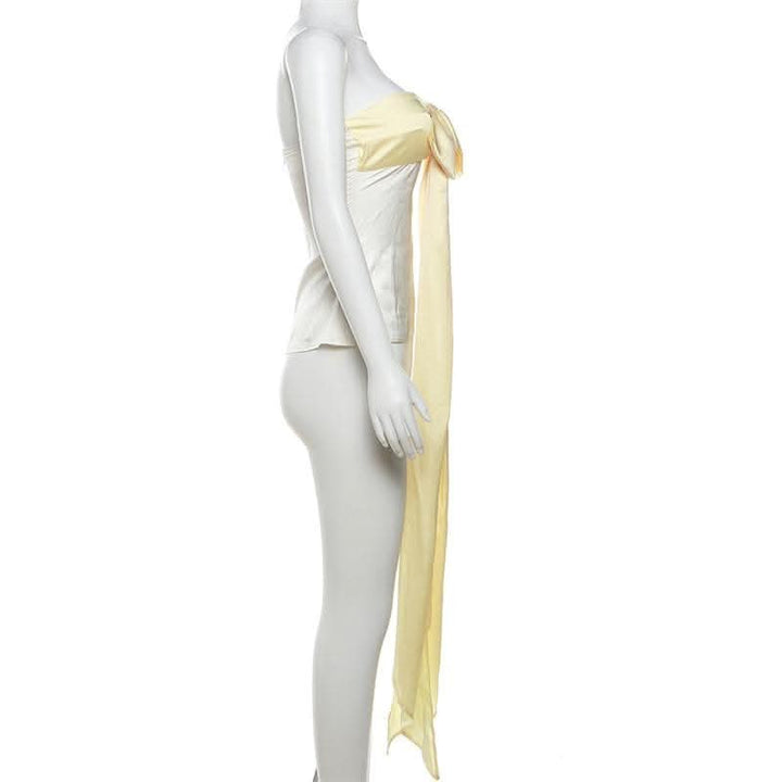 Bowknot sweetheart neck ruched ribbon zip-up satin tube top-final-sale  | Festival Outfits Women