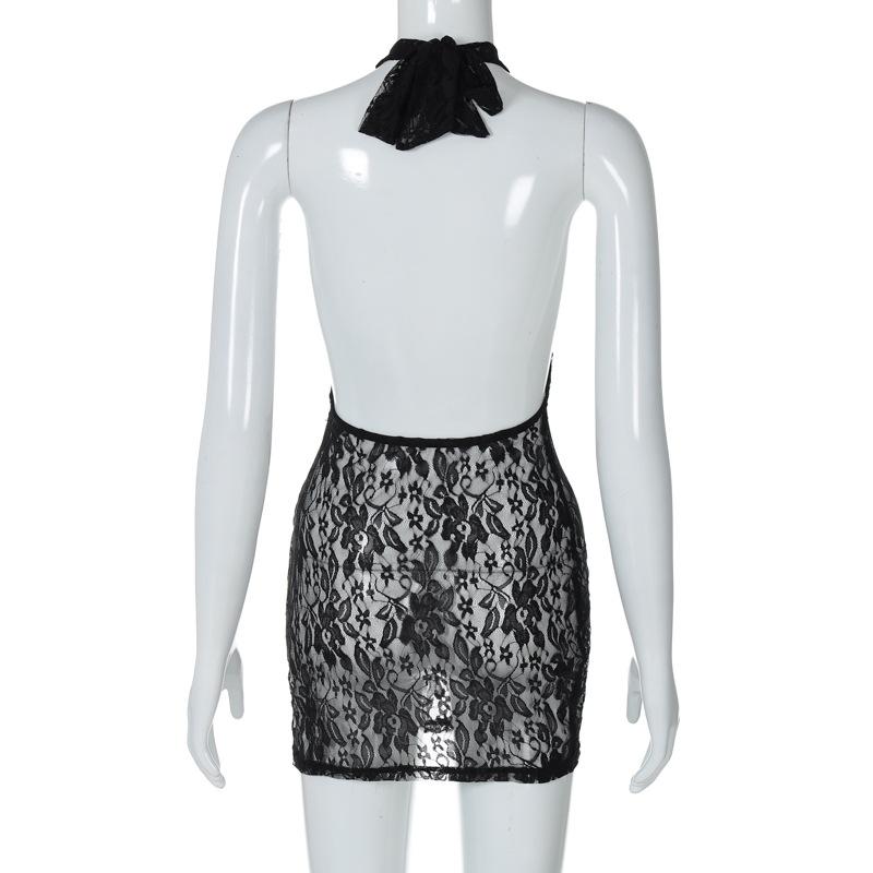 Lace see through halter backless solid mini dress