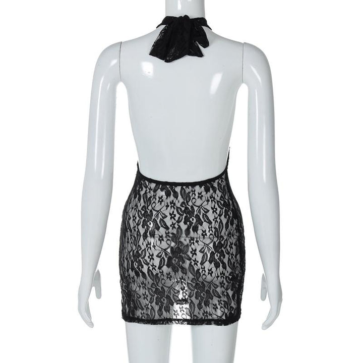 Lace see through halter backless solid mini dress