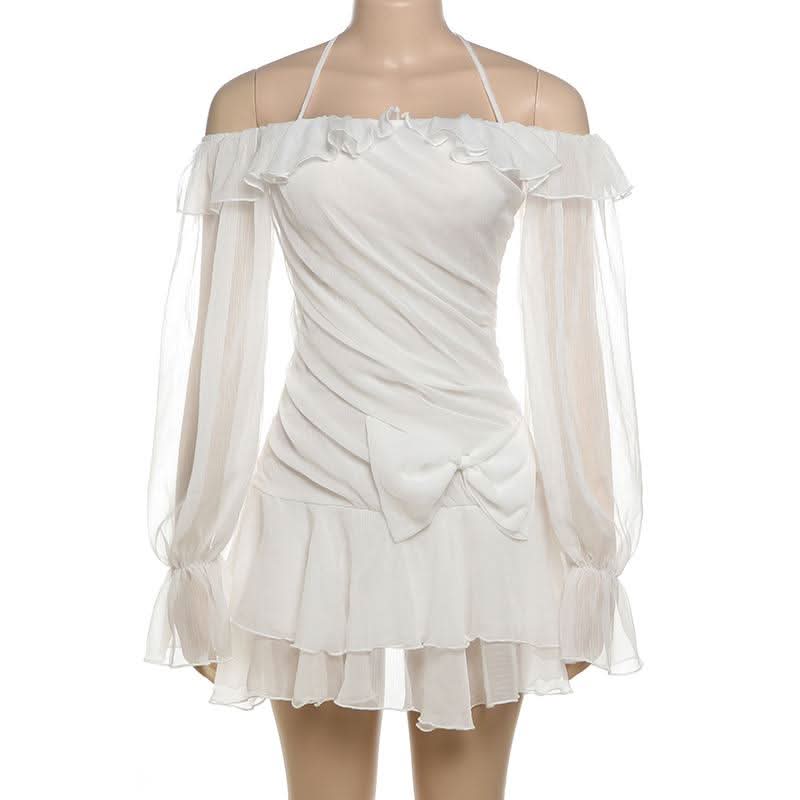 Halter off shoulder chiffon bowknot ruffle mini dress  | Festival Outfits Women