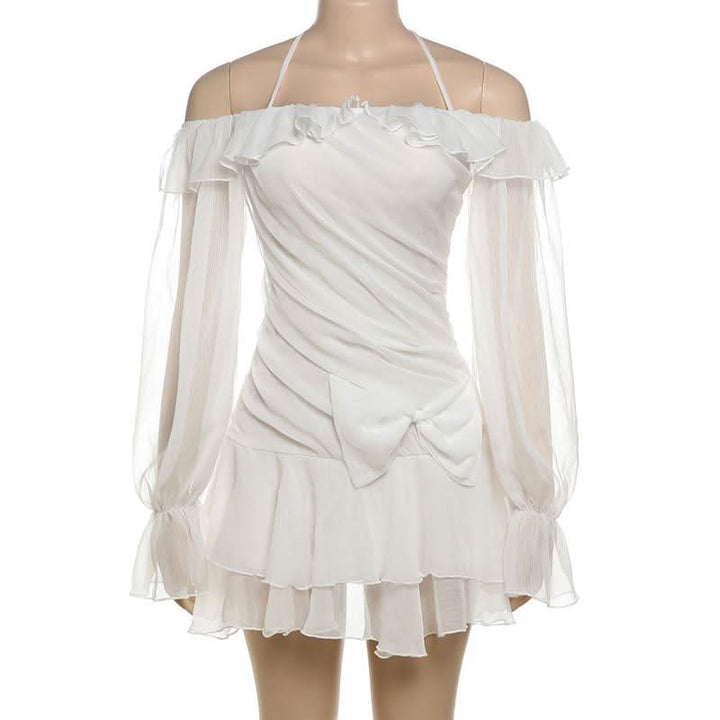 Halter off shoulder chiffon bowknot ruffle mini dress  | Festival Outfits Women