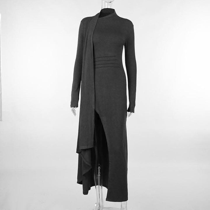 Long sleeve slit high neck solid maxi dress-final-sale  | Festival Outfits Women