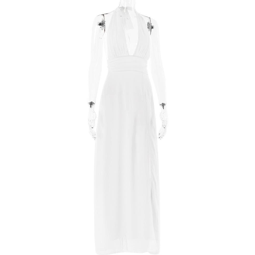 Halter deep v neck ruched high slit maxi dress  | Festival Outfits Women