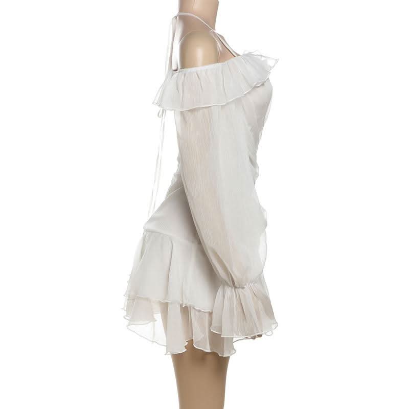 Halter off shoulder chiffon bowknot ruffle mini dress  | Festival Outfits Women