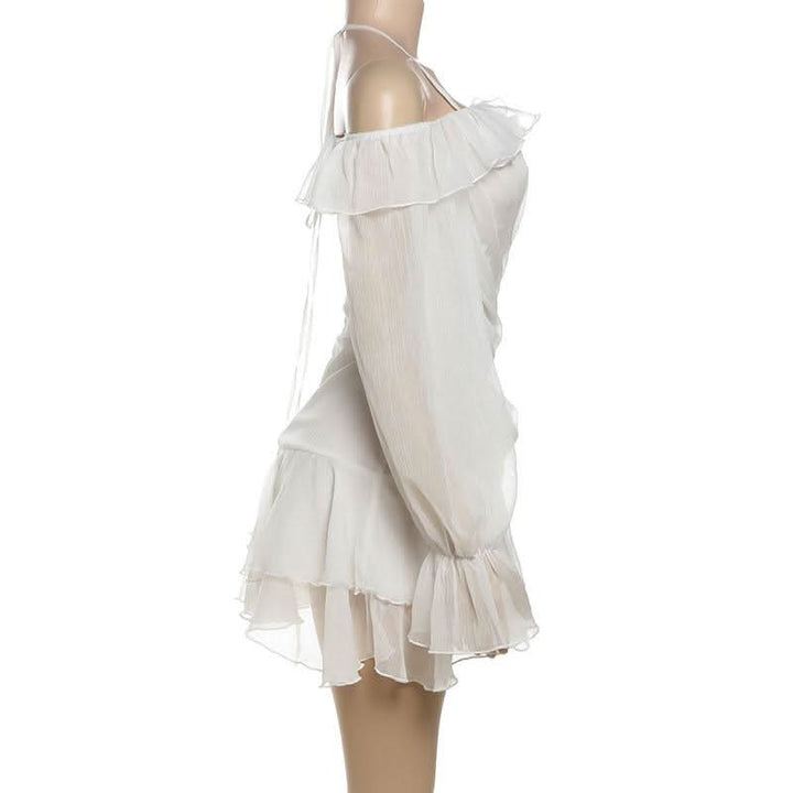 Halter off shoulder chiffon bowknot ruffle mini dress  | Festival Outfits Women