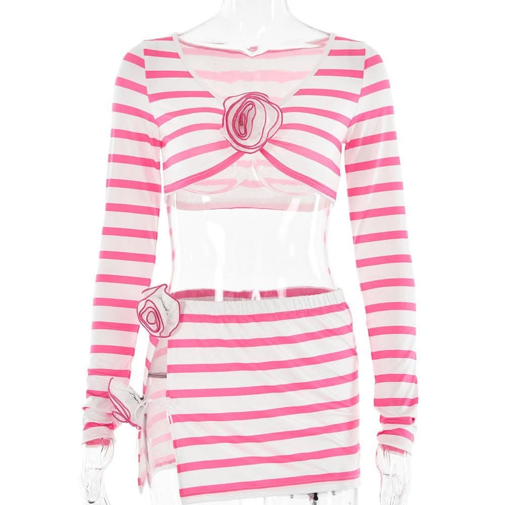 Striped flower applique long sleeve contrast slit mini skirt set-final-sale  | Festival Outfits Women