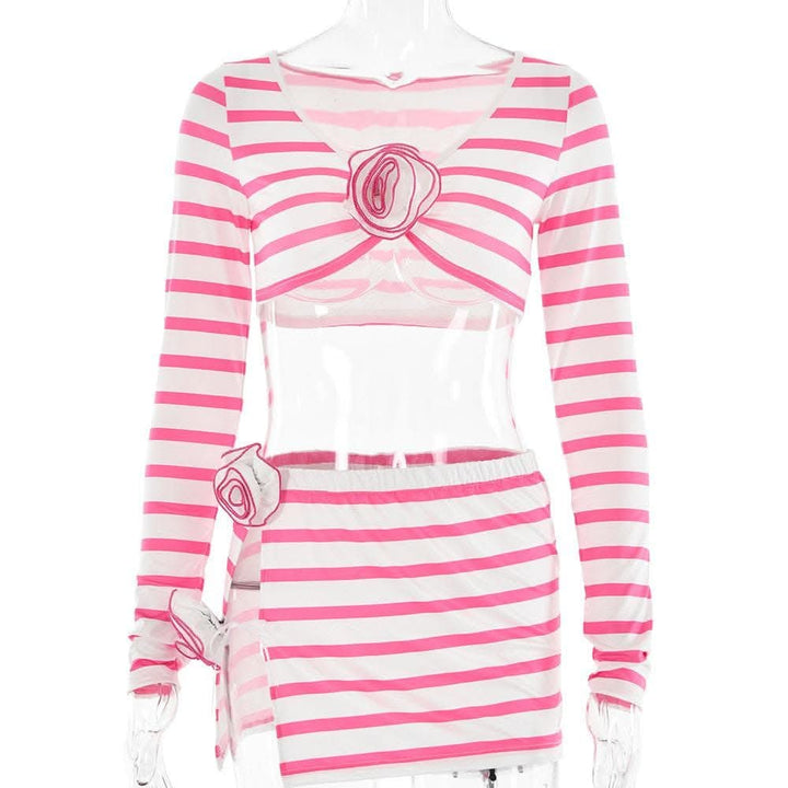 Striped flower applique long sleeve contrast slit mini skirt set-final-sale  | Festival Outfits Women